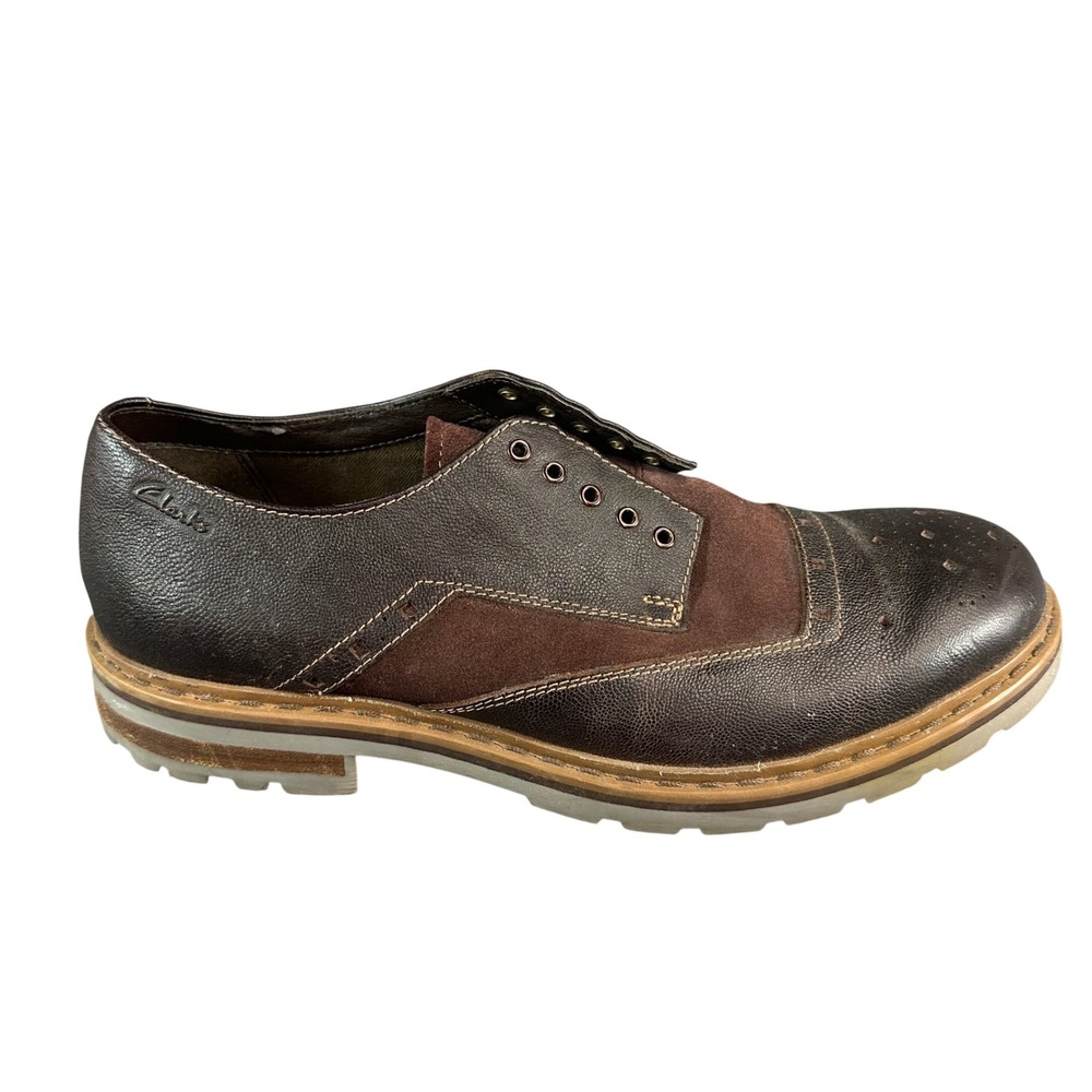 Clarks Mens Brown Leather Suede Wingtip Brogue Oxford Lug Sole Shoes No Laces 10